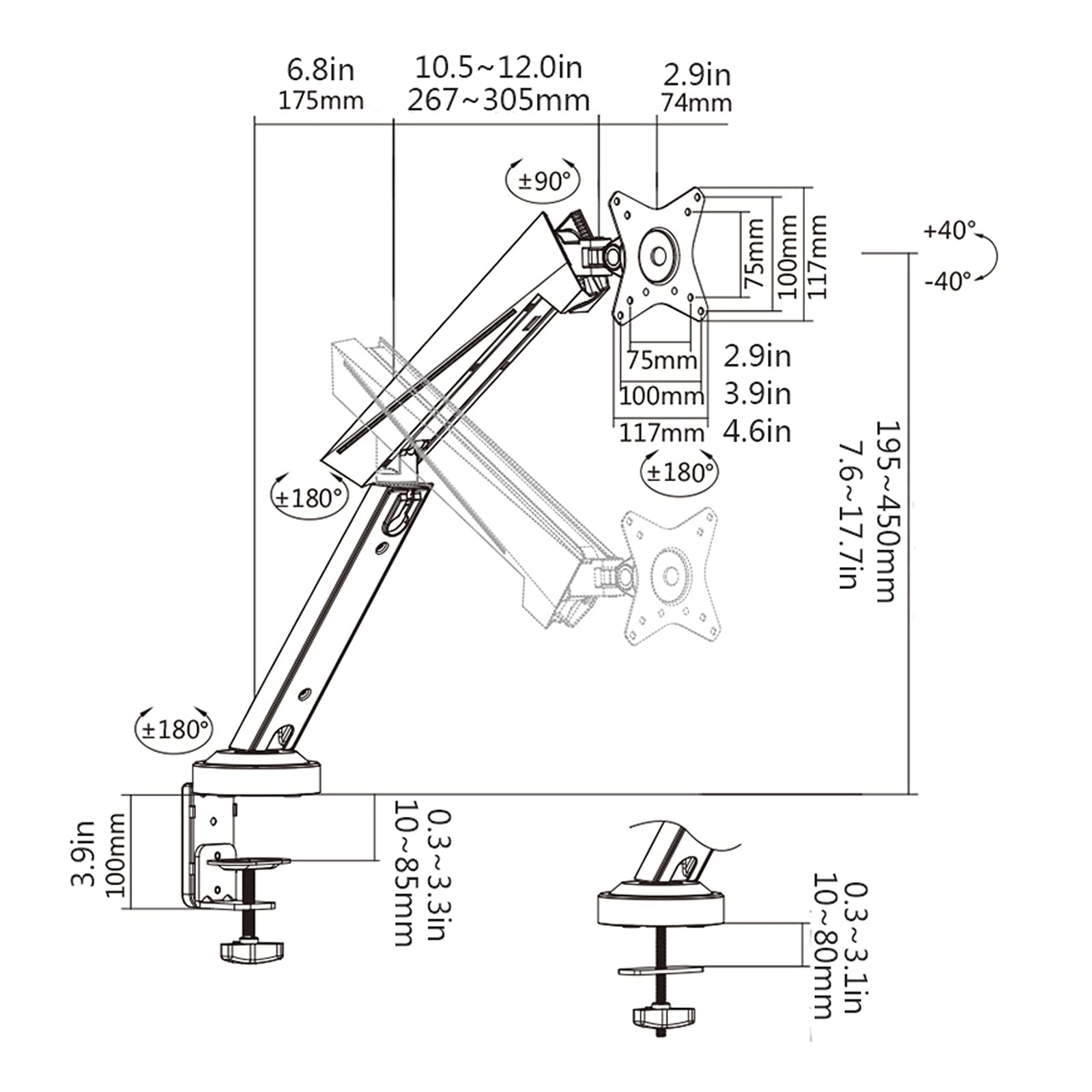 Support de bureau pour moniteur Support de bureau for moniteur unique à ressort mécanique, support de moniteur de jeu de 17 à 32 pouces, bras de moniteur réglable, support de bureau avec pince en C et