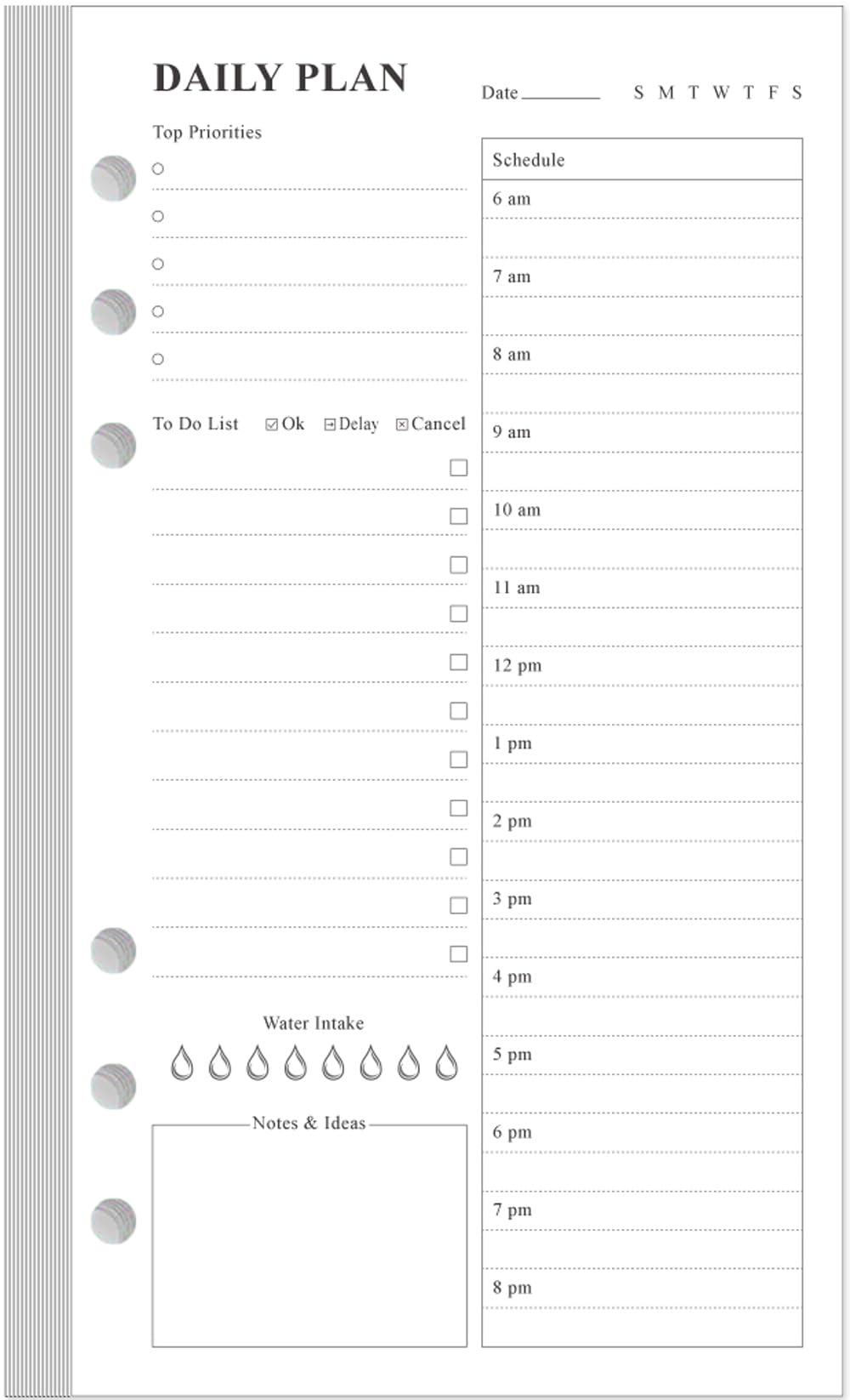 A6 Undated Daily Planner Refill - To Do List for Filofax Personal Binders, 80 Sheets/160 Pages Planner and Lined Refill, 6-Hole Punched, 3.75" x 6.75"