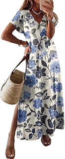 Summer Maxi Dresses for Women 2025 Short Sleeve V Neck Loose Fit Flowy Sundress Split Long Beach Shirt Dress