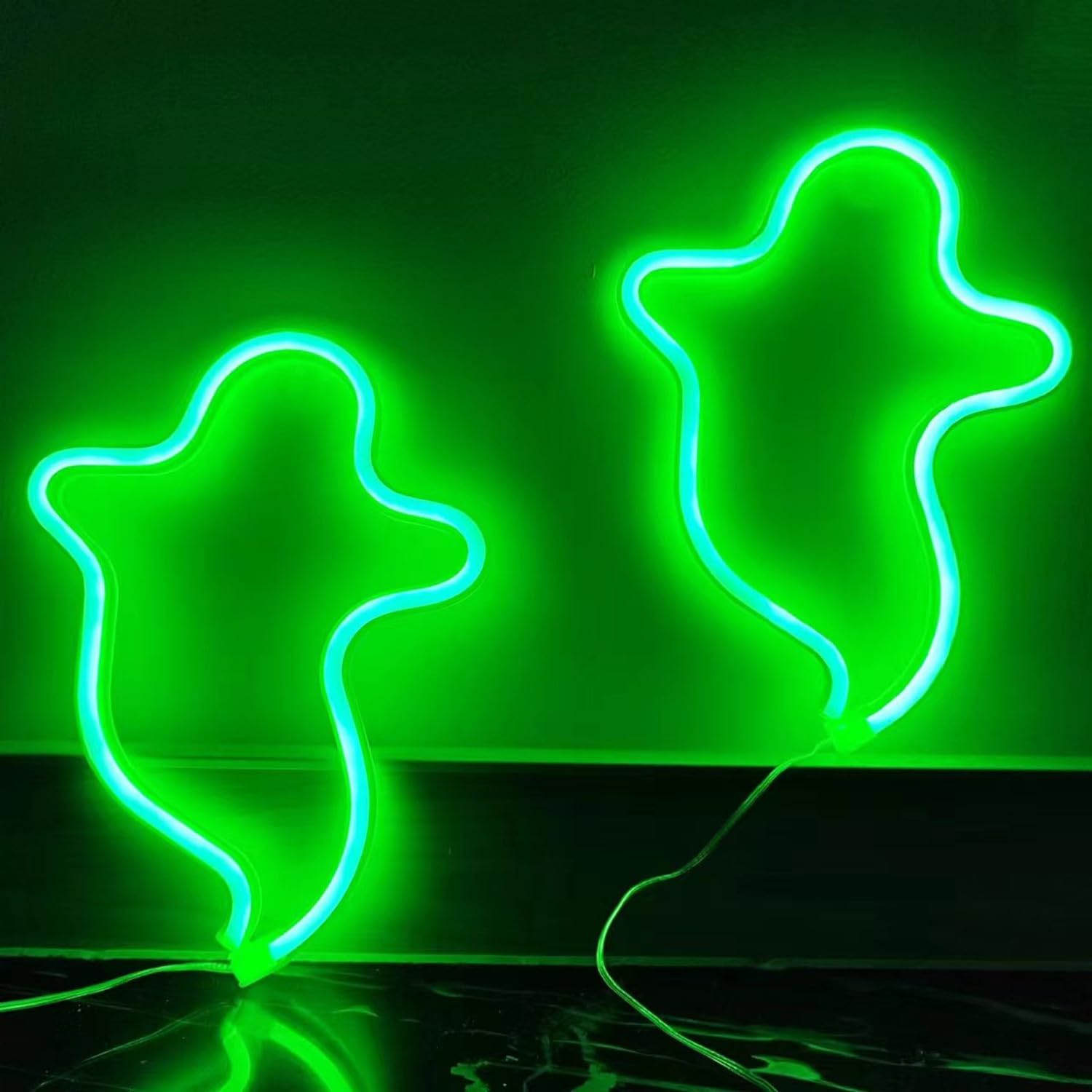 2Pack Ghost Halloween LED Neon Signs Horror Decorative Nightlamp Battery Powered Cordless Gothic Lights Halloween Indoor Scary Decorations for Bedroom Dorm Wall Window Christmas Party（Green） — image 1