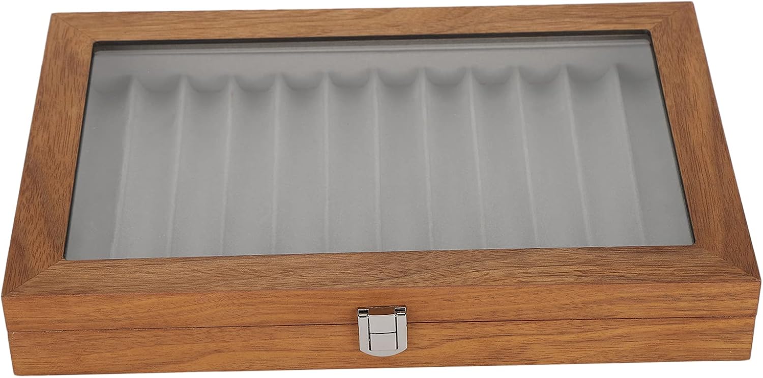 Denash Wood Pen Display Box,12 Pens Organizer Box, Retro Pen Display Case Storage Box with Top Glass Window for Christmas Anniversary Birthday Gift