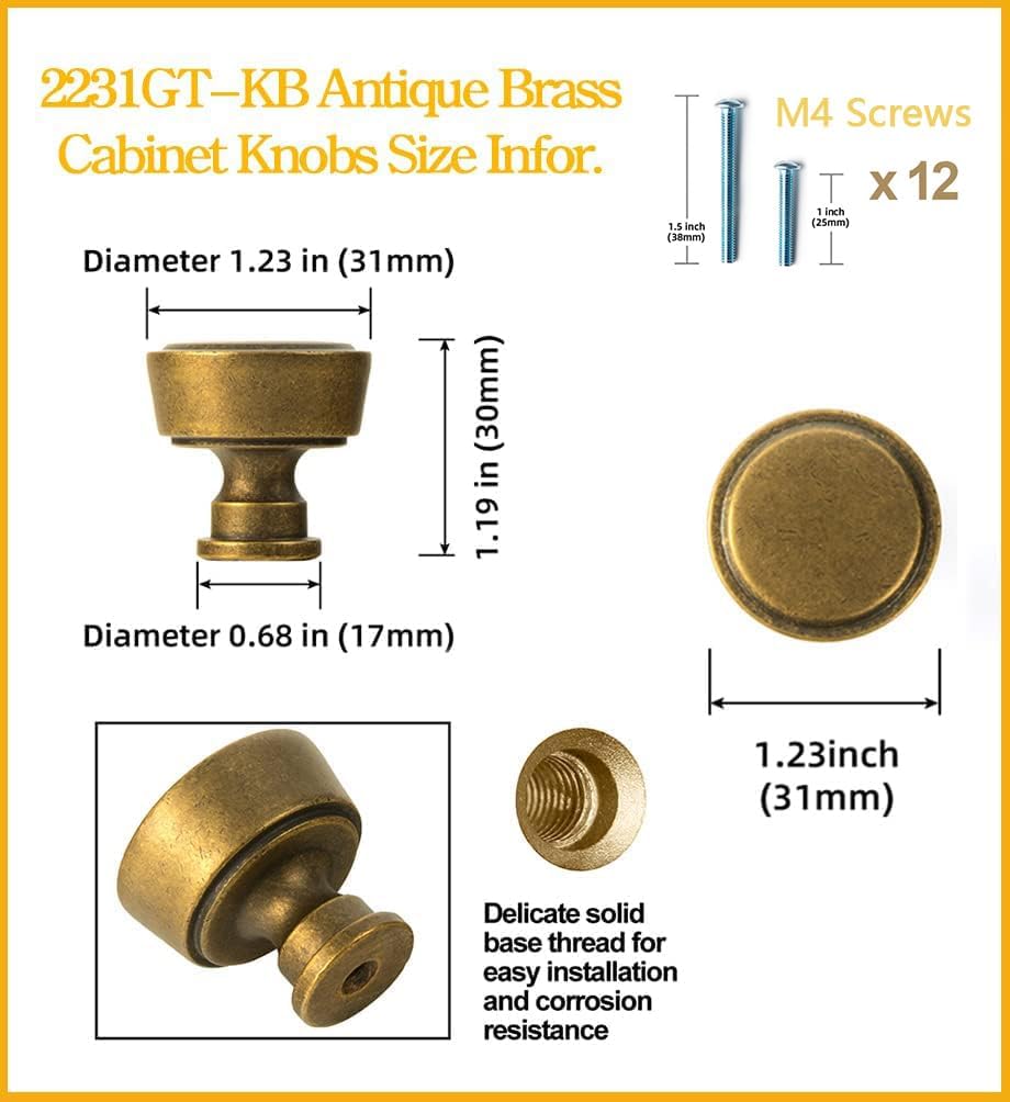 Goo-Ki 6 Pack Antique Brass Drawer Knobs Kitchen Cabinet Hardware - Solid Zinc Alloy Vintage Bronze Retro Knob Ancient Single Hole Bar Handles Pull for Closet Wardrobe Dresser Cupboard