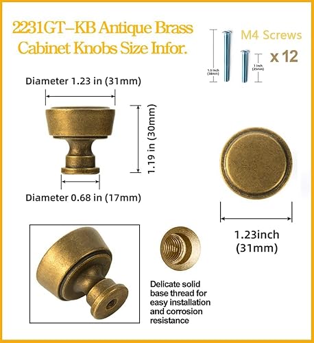 Miniatura 3 de Goo-Ki Paquete de 6 pomos de latón antiguo para cajones de cocina, manijas retro de un solo agujero para armario de tocador, tirador vintage de