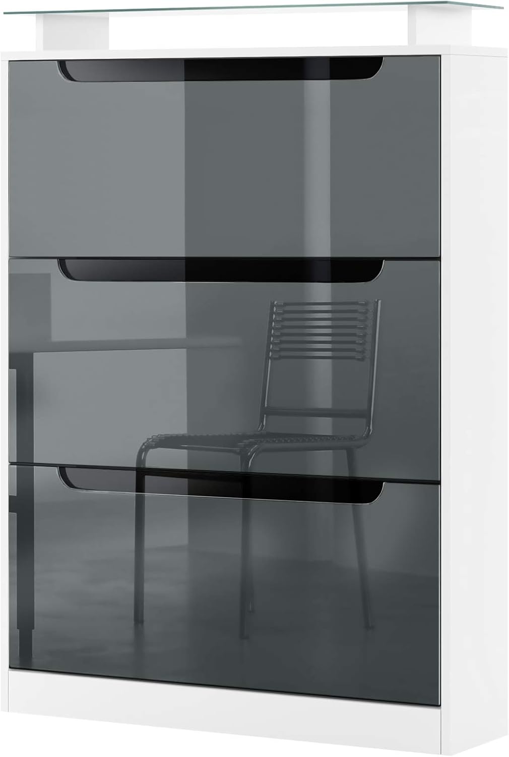 Vladon Schuhschrank Space, Made in Germany, Schuhkipper für 24 Paar Schuhe mit 3 Klappen und Glasablage, Weiß matt/Grau Hochglanz mit Absetzungen in Schwarz Hochglanz (89 x 128 x 23 cm)