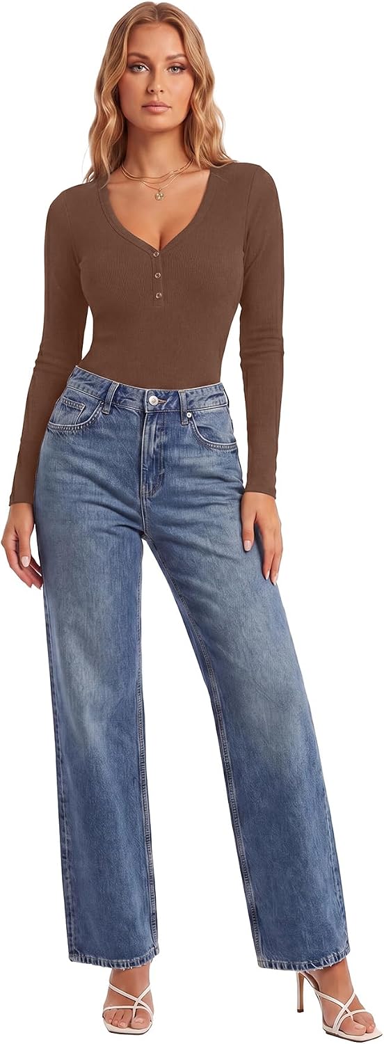 LYANER Women's Long Sleeve Bodysuit Sexy V Neck Henley Slim Fitted Going Out Tops Button Down Leotard