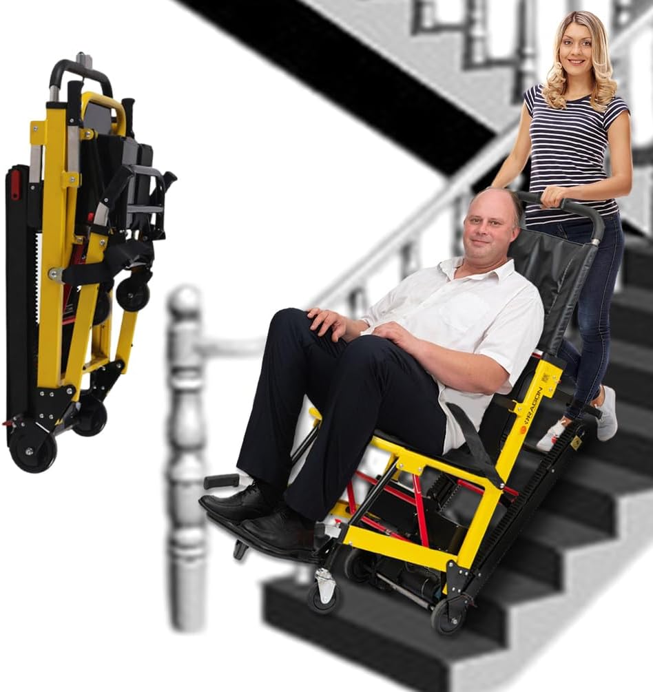 Electric Stair Climbing Wheelchair, Foldable Aluminum Alloy Stair Lift Chair with 24V/13Ah Battery, Rubber Tracks, Portable Evacuation Stair Chair for Elderly & Disabled (Yellow)