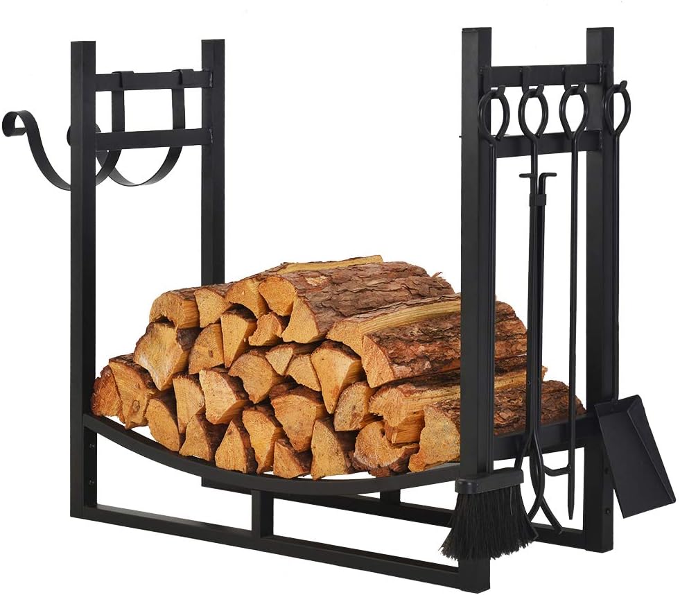Patio Watcher 3-Foot Firewood Rack Wood Storage Log Holder with Kindling Holder and 4 Tools Indoor Outdoor Fireplace Heavy Duty Steel Black