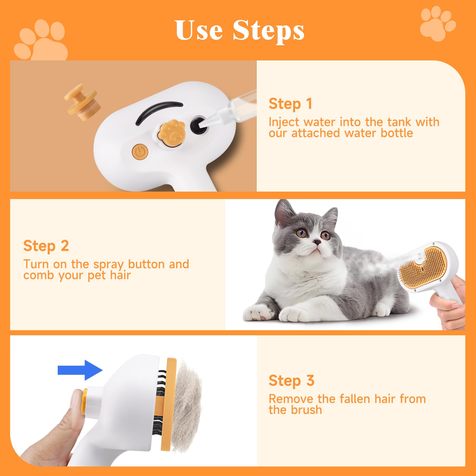 Pet Steam Brush for Dog & Cat – 3-in-1 Spray Hair Removal Comb for Shedding & Grooming, Softens Fur & Reduces Static – Water Brush for Long & Short Coats, Bath-Hating Pets, Includes Waterless Shampoo - image 5