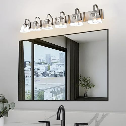 Miniatura 2 de 6 luces de tocador de baño, pantallas de vidrio transparente, apliques de iluminación moderna de níquel cepillado para baño, dormitorio, pasillo