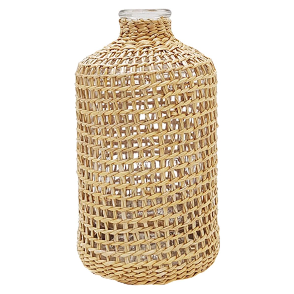 Vase en verre rustique et paille tressée | Artisanat élégant pour centre de table
