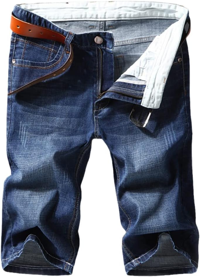 KEHAIOO Men Denim Shorts Summer Thin Section Elastic Force Slim Fit Short Jeans Black Blue