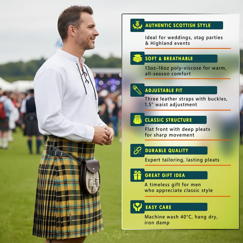 Kilt scozzese da uomo da 4,7 m, vari disegni scozzesi, taglie vita 76,2-116,8 cm, occasioni scozzesi come feste di addio al celibato, eventi formali, poliestere e cotone, cinghie in