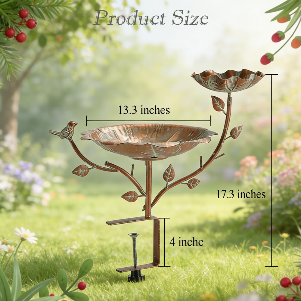 2-in-1 Balcony & Deck Bird Bath - 17.3" Bird Bath Bowl, Outdoor Railing Mounted for Patio Garden, Gift for Bird Lovers