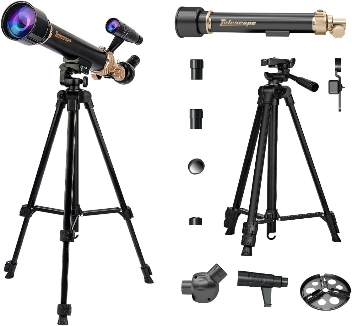 Telescope for Kids& Adults with 60X/30X Lenses, Adjustable Alloy Tripod, Mobile Phone Holder, 360° Gimbal Mount for Stargazing and Nature Viewing,Suitable for Astronomy Enthusiasts