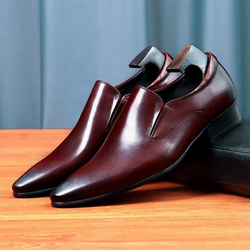 Dress Oxford Formal Shoes for Men Slip On Pointed Burnished Toe Genuine Leather Block Heel Low Top Rubber Sole Non Slip Resistant Working3