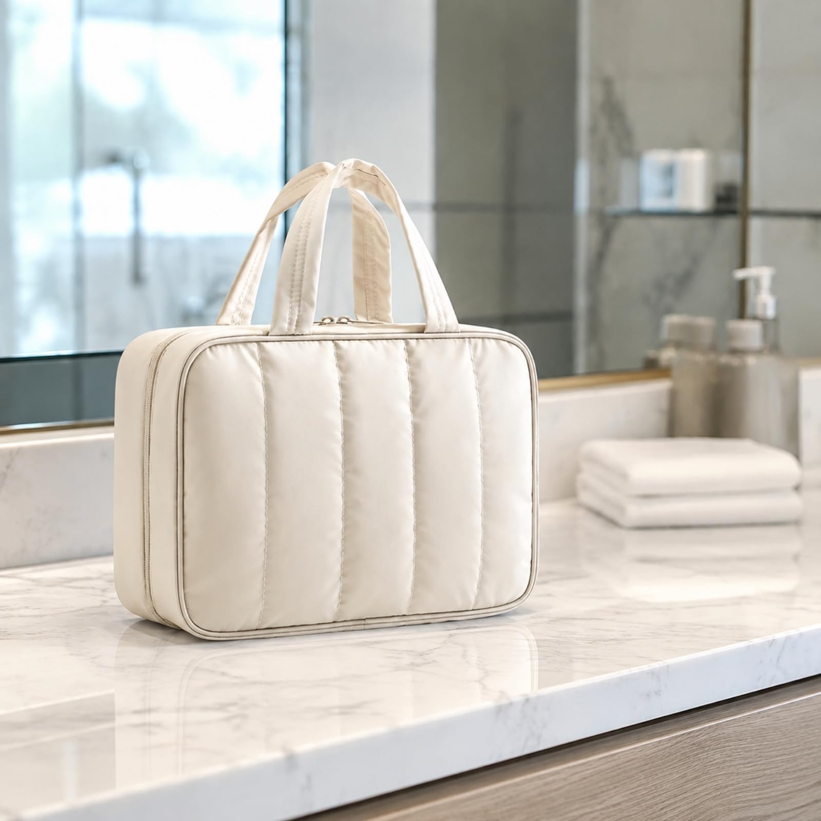 Neceser Colgan Poliésr Portátil Bolsa Aseo Colgan con Gancho Ligero Neceser Viaje para Baños, Beige