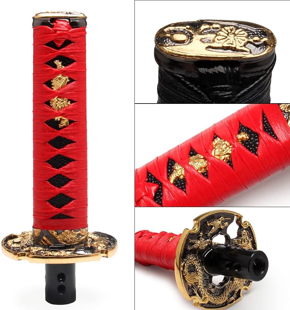 Automatic Katana Shift Knob Samurai Sword Weighted Gear Shifter Konb Universal for Cars with Lock Button (15cm Red)