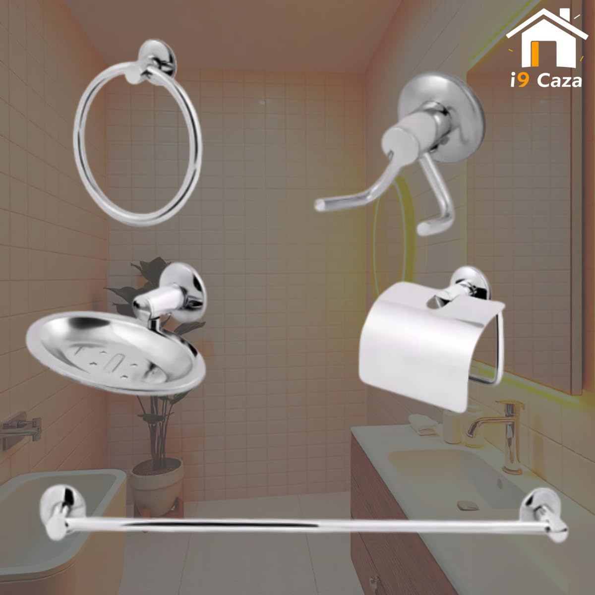 Kit Para Banheiro Acessórios de Metal Aço Inox 5 Peças Completo
