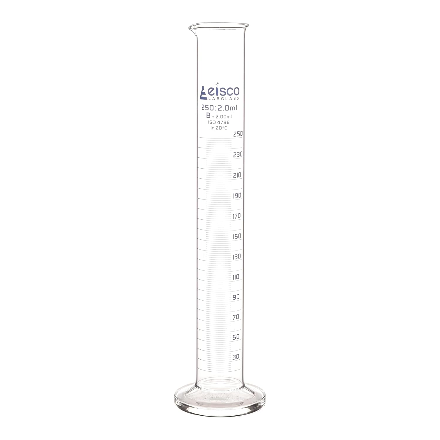 Graduated Cylinder, 250ml - Class B Tolerance ±2.00ml - Round Base - Blue Graduations - Borosilicate 3.3 Glass - Eisco Labs