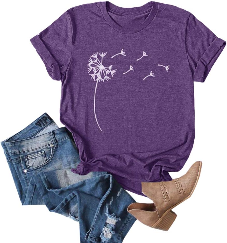 Cicy Bell Women's Dandelion Print T Shirts Cute Graphic Tees Short Sleeve Summer Cotton Tee Tops