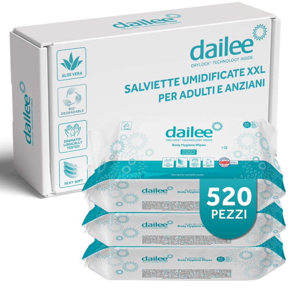 Dailee Salviette Umidificate Adulti - 520x Salviette Anziani XXL per Pulizia Corpo e Igiene Intima - Grandi, Umide, Soffici, Scaldabili in Microonde e Biodegradabili - 8 Confezioni da 65 Pezzi