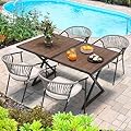 YITAHOME 5 Piece Patio Dining Set, Stackable Chairs with Comfortable Cushions, 59" Rectangle Tables with Metal Frame and Faux Wood Tabletop for Patio Balcony Porch Poolside Lawn Garden, Brown & Beige