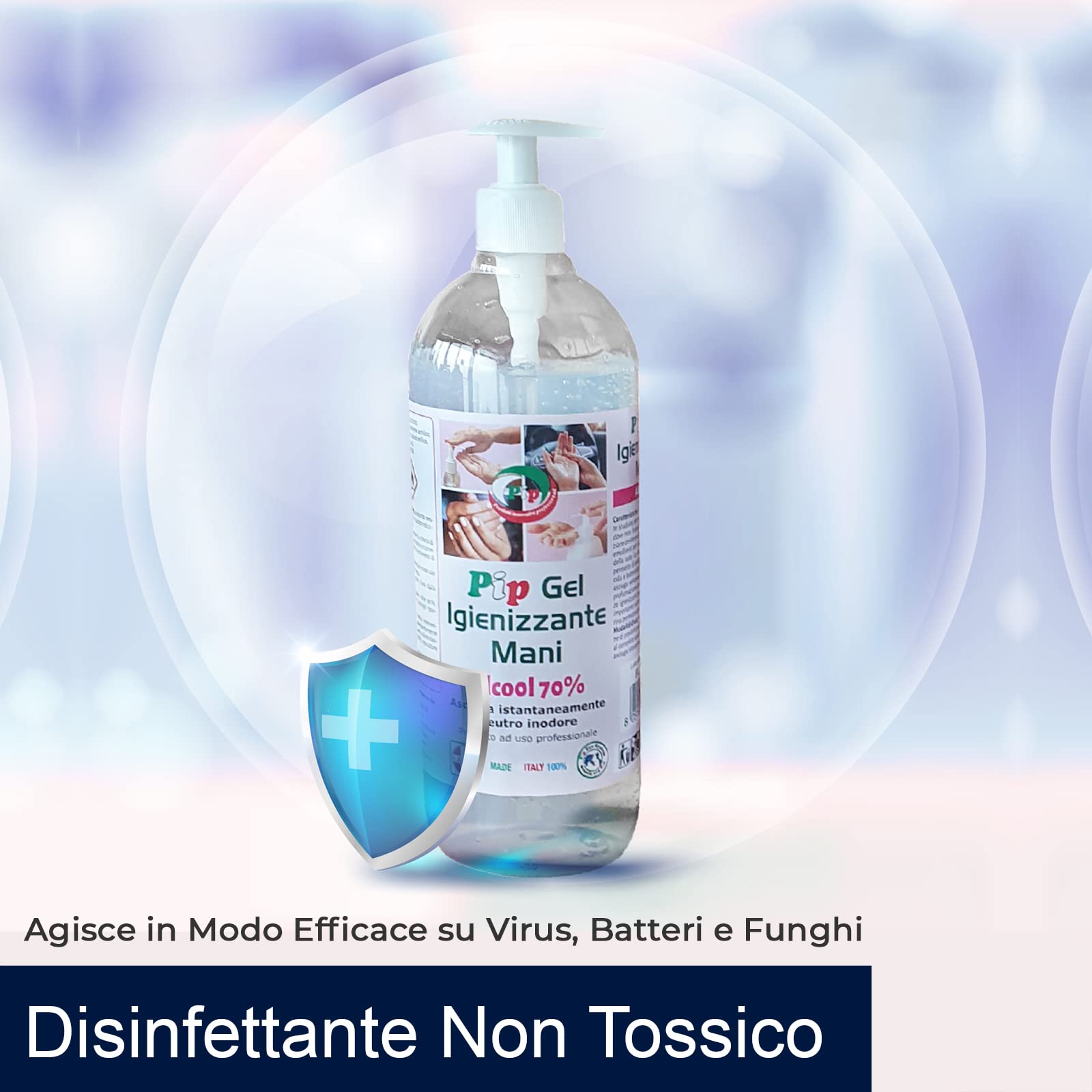 PIP Gel Igienizzante 1 Litro con Alcol 70%, Completo di Dosatore, Uso Personale, Scuola, Ufficio e Negozio, Non Irrita, Adatto a Pelli Sensibili, Non Profumato, Professionale, Fl. 1 Litro