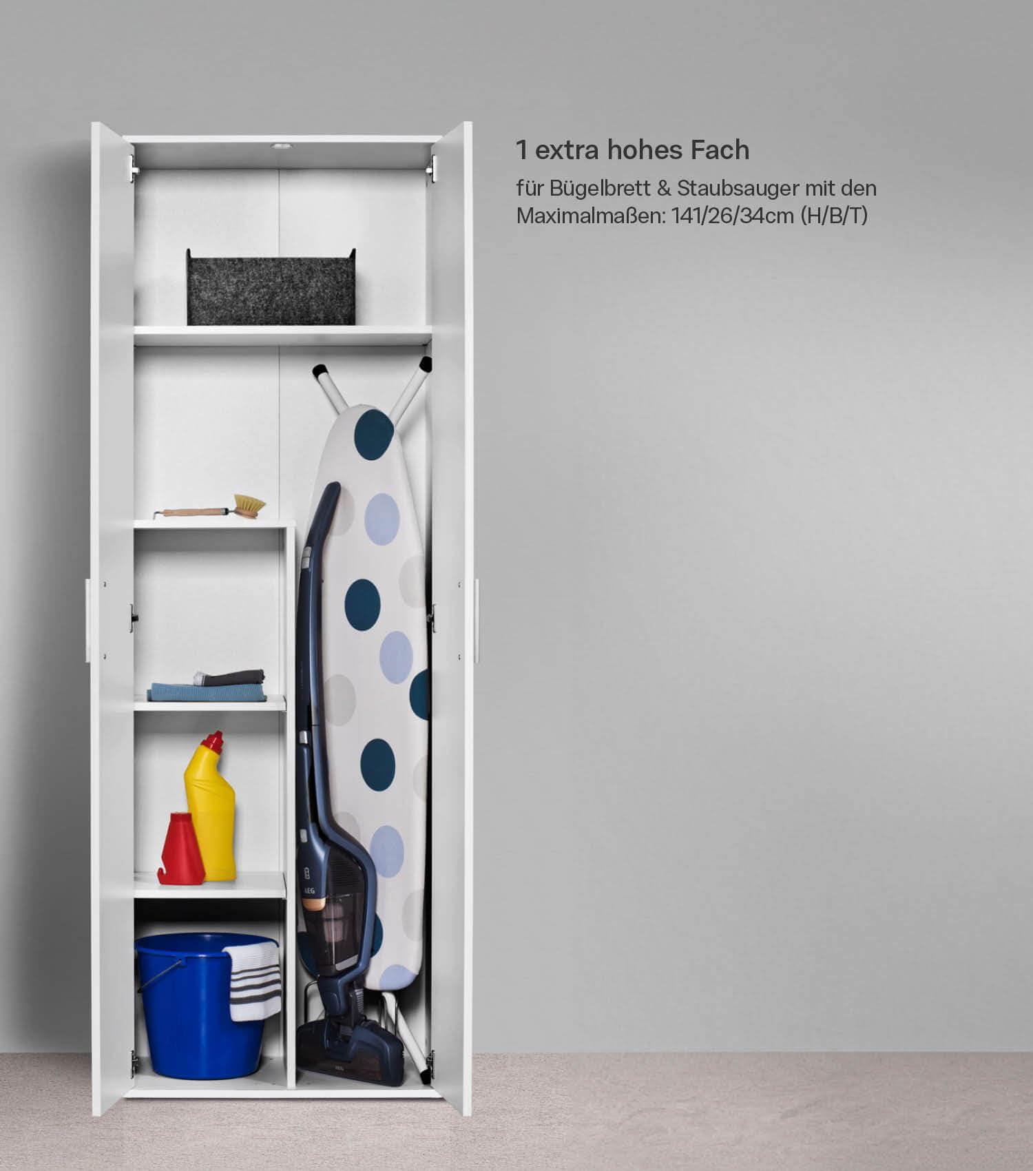 mokebo Mehrzweckschrank Besenschrank (60x180 cm) 'Der Lange' Made in Germany aus Holz auch als Haushaltsschrank Putzschrank Vorratsschrank Flurschrank Weiß