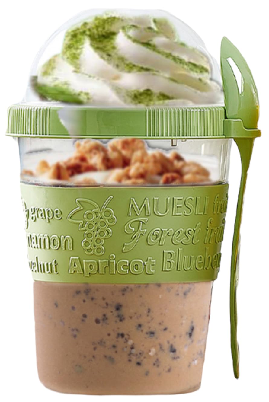 4All Green Reusable Yogurt Pots 600Ml With Spoon Reusable Cereal Storage Containers With Lid Airtight Overnight Oats Jar Bpa Free Breakfast Cup Cereal On The Go Dishwasher Safe (Green)
