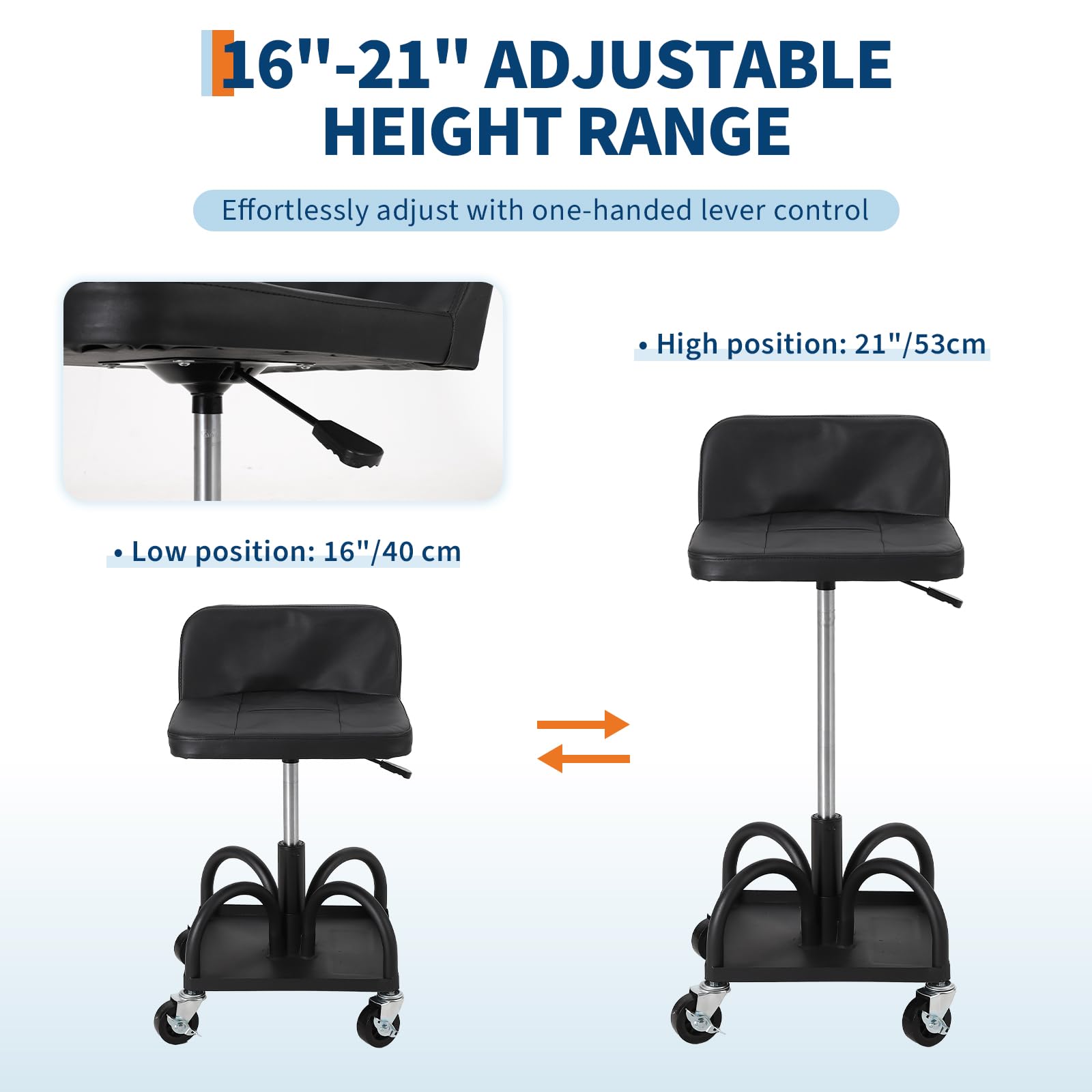 Tabouret roulant – Hauteur réglable 40-53 cm, capacité 136 kg