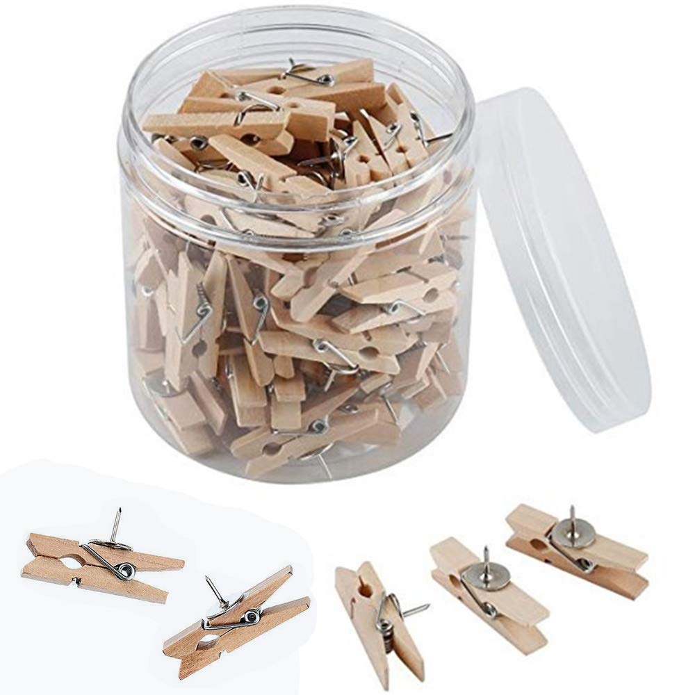Dstertech Pack of 50 Wood Clips with Push Pins for Cork Boards Paper Works/Notes / Photos/Cork Board/School Projects and Craft Projects-Clip Thumbtack-3.5cm / 1.4 inch