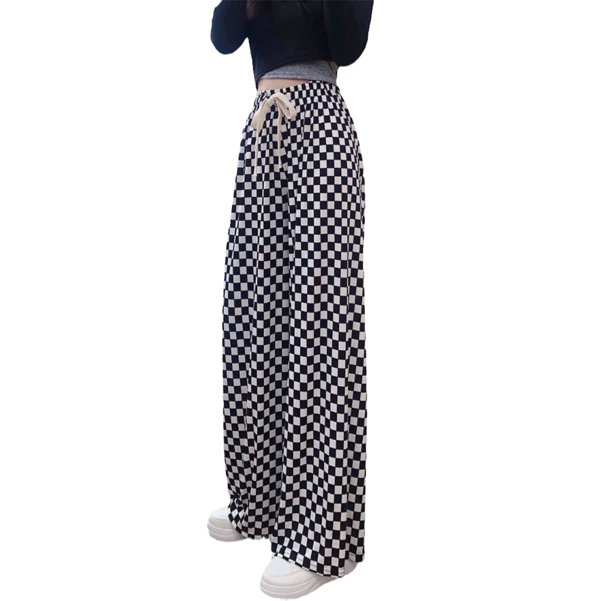 Summer Checkerboard Plaid Pants Women Wide Legged Womens Pants High Waist Loose Lace Up Trousers