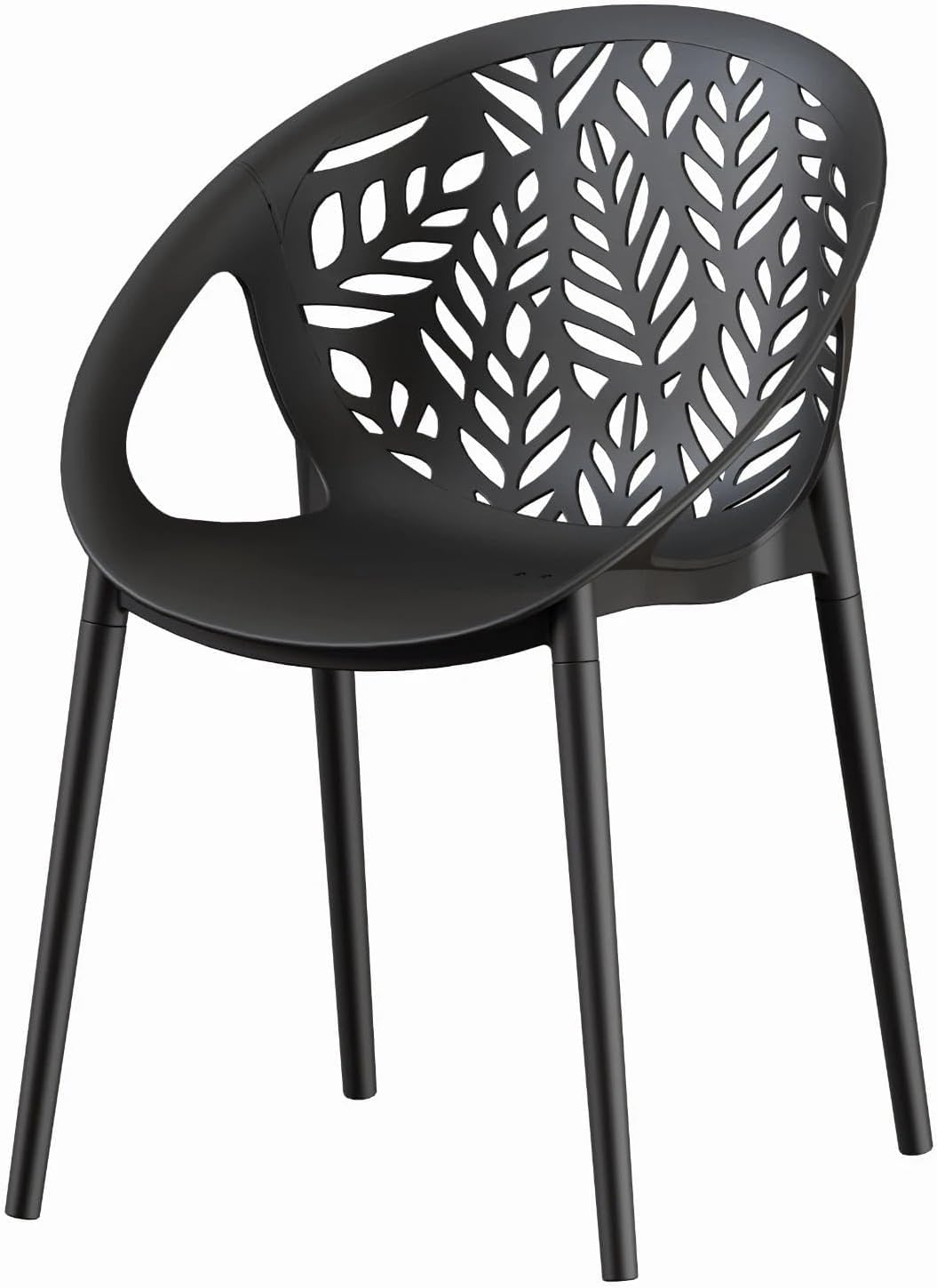 HOM4NISH Set of 4 Polypropylene Plastic Stacking Dining Outdoor Garden Chair Light Weight Hollow Leaf Design for Home Kitchen Patio Café Bistro Hotel Restaurant (Black)