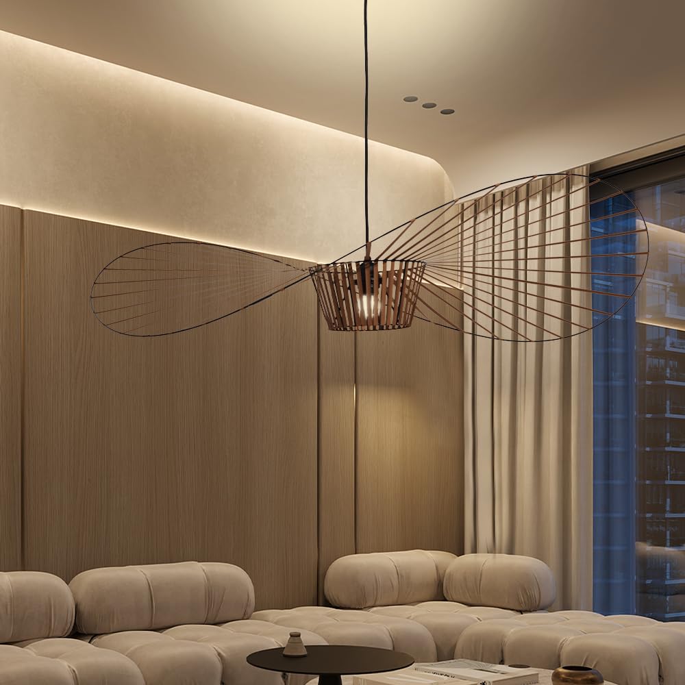 Lustre LED E27 noir de 100 cm avec chapeau en tissu et fer forgé pour salon