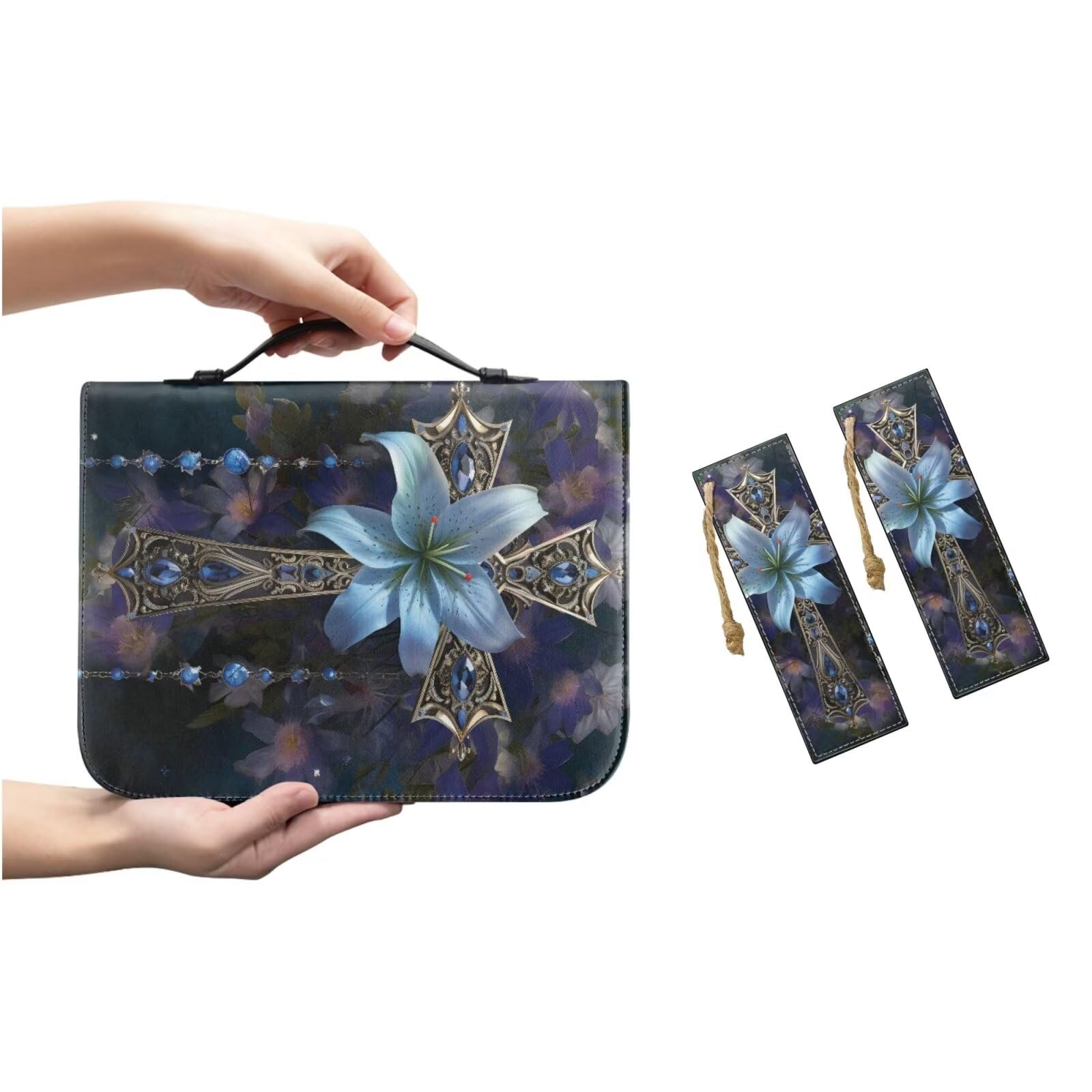 Suhoaziia Leather Bible Covers for Women Men Diamond Cross Floral Bible Case Bible Bag with Pockets Zipper Book Cover Study Bible Book Case with 2 Bookmarks 3Pcs Set - Image 2