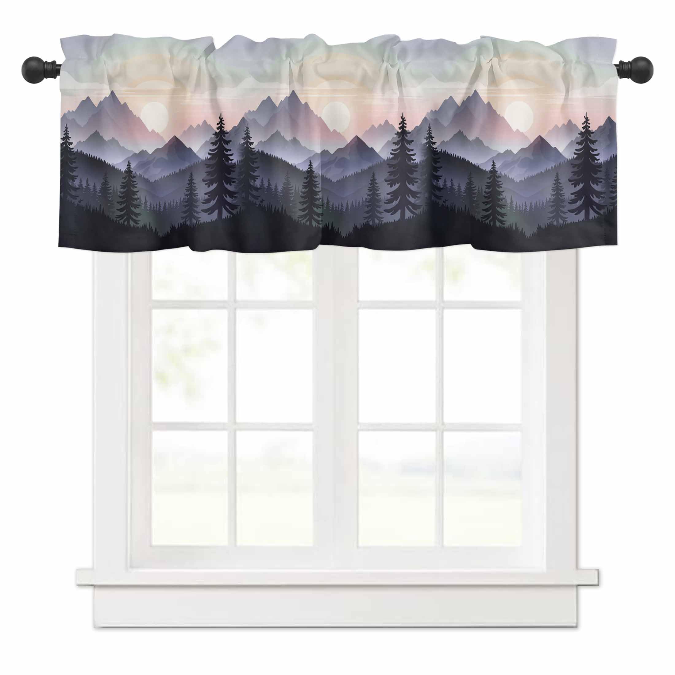 Window Valances Thermal Insulated Rod Pocket Curtains, Sunset Sundown Mountains Pine Trees Woods Magnificent Scenery Window Treatments Valance, Tier