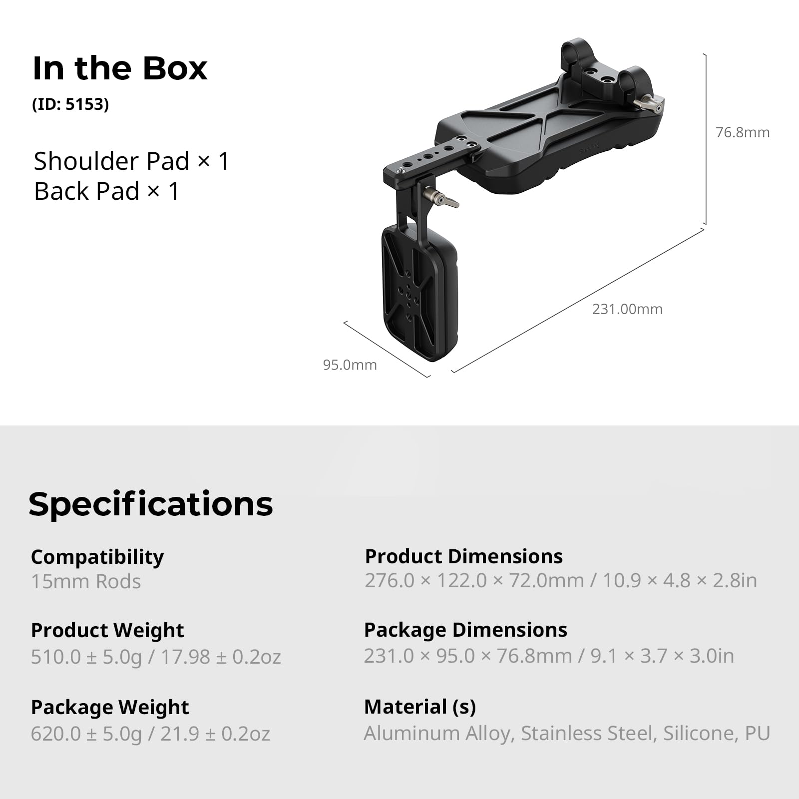 SMALLRIG Universal 15mm Shoulder Pad Support, Supporto per Spalla con Morsetto a Doppia Asta da 15 mm e Schienale - 5153