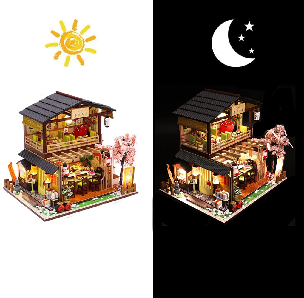 Kit fai da te in miniatura per casa delle bambole con scatola antipolvere e carillon, negozio di sushi giapponese, mobili per casa delle bambole 3D in legno, puzzle creativo, regalo di compleanno per