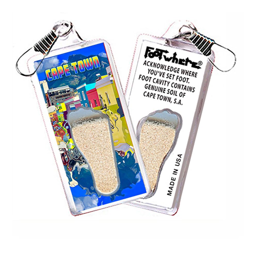FootWhere Cape Town, S.A Souvenir Zipper-Pulls. 6 Piece Set. Authentic destination souvenir acknowledging where you've set foot. Genuine soil of featured location inside foot cavity. Made in USA
