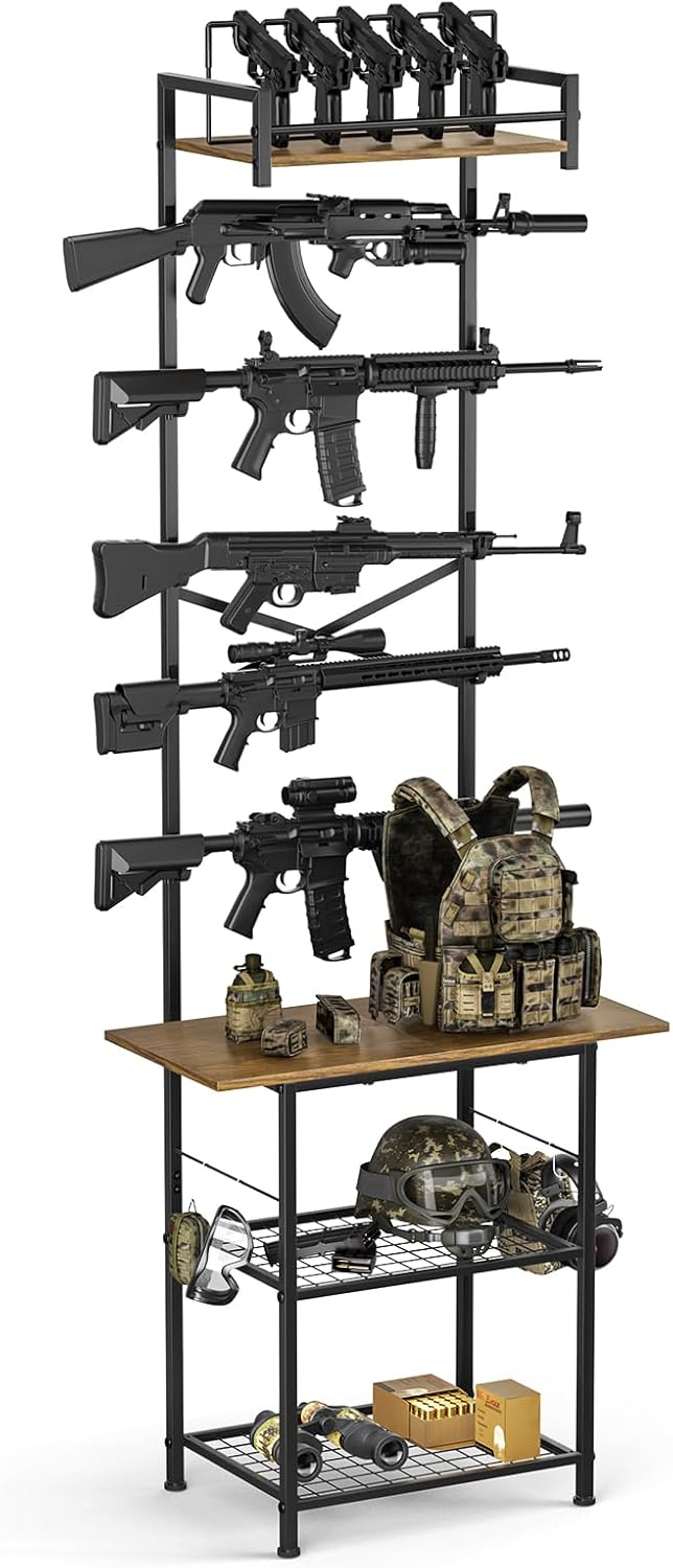 Indoor Gun Racks, 23.62"L x 76.57"H Floor Standing Rifle Rack with Pistol Holder Metal Frame Wooden Shotgun Racks, Gun Display Rack Holds up 5 Long Guns and 5 Handguns for Home Garage Gun Storage