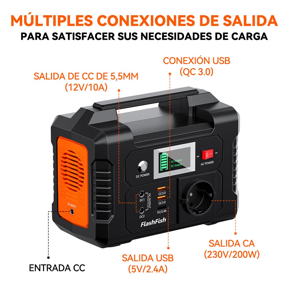 FlashFish estacion de energia portatil 200W, 151Wh Generador Solar, Salida de CA de 230V, Batería de Emergencia, Generador Electrico Portatil para Acampar, Aventuras y Emergencias