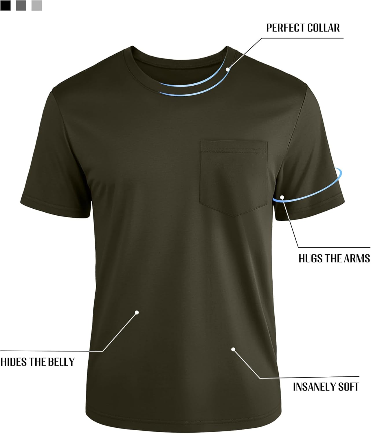 Ficerd 3 Pack Men's Big and Tall T Shirt, Short Sleeve Pocket Cotton Tee Crew Neck Lightweight Tops Solid Loose Fit Shirts(Black, Army Green, Light Mixed Gray,4X-Large) - Image 4