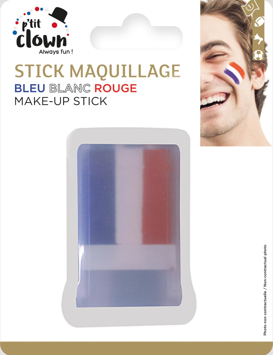 P'TIT CLOWN - 61002 - Stick de Maquillage Bleu Blanc Rouge - Parfait pour Supporter la France Lors des Célébrations et Événements Sportifs - Facile à Utiliser