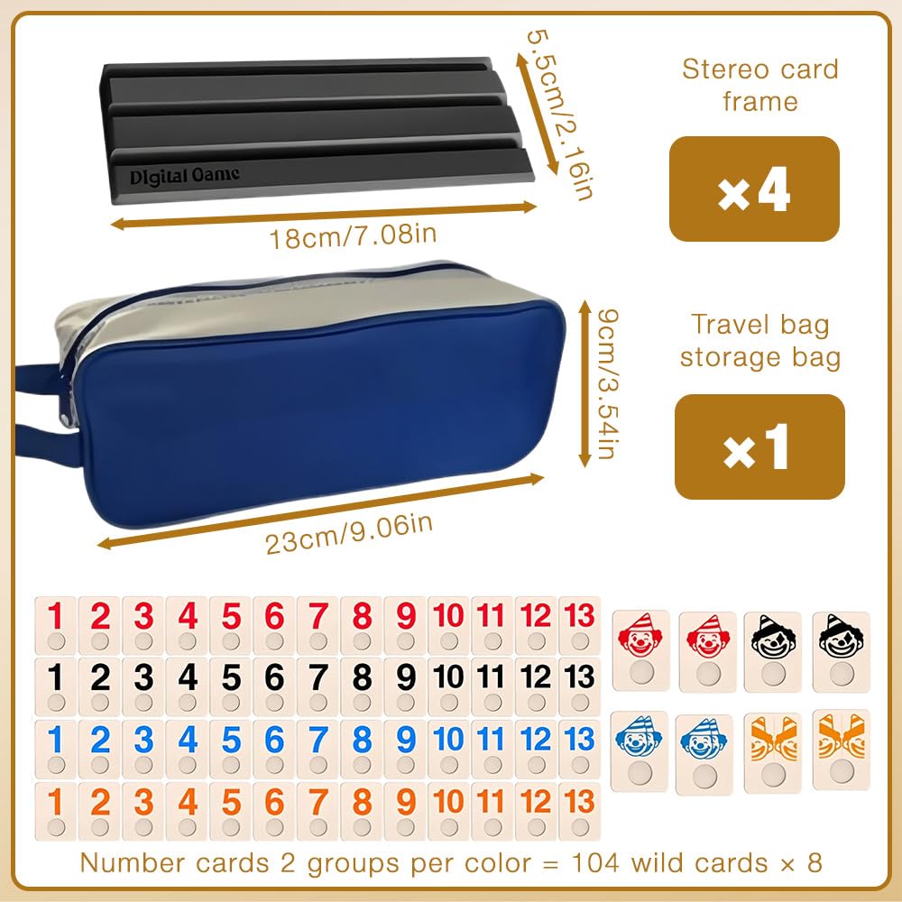 Mineup Rummy Gioco da Tavola, Rummy Okey Con Numeri, 114 pezzi e 4 supporti, Gioco Da Tavolo Strategia, Gioco da Tavolo Rummy in Legno per 2-4 giocatori, adulti e famiglie