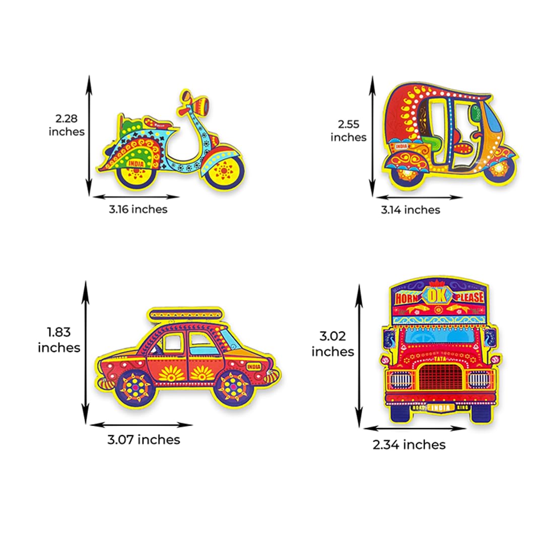 (Set of 4) Fridge Magnets Indian Vehicle Classic Taxi, Trucks, Scooter & Auto Rickshaws - Vibrant Magnets for Kids & Adults Unique Collectable Souvenir Gift & Home Decor 1