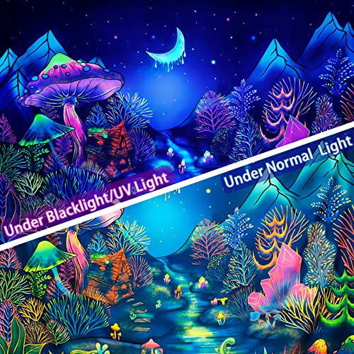 Blacklight Forest Trees Tapestry Uv Reactive Plants Tapestry Fantasy Starry Night Tapestry Neon Moon Landscape Tapestry Mysterious Aesthetic Mountain Wall Hanging For Room #TOP3