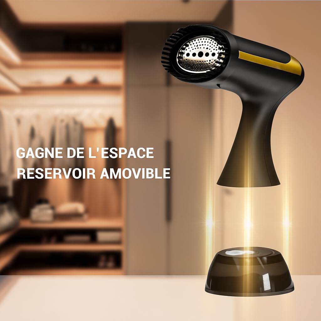 Défroisseur Vapeur Portable 1500W – Réservoir 300ml – Chauffe Rapide & Compact – Défroisseur à Main Puissant pour Vêtements, Chemises, Robes, Rideaux – Idéal Voyage et Maison – Noir & Doré