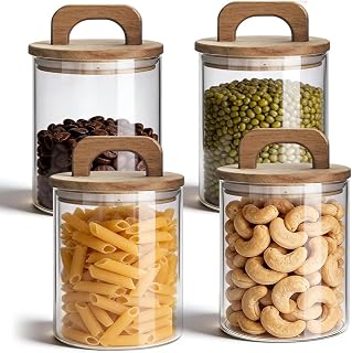 airtight storage jars with wooden lids, 4 pieces, 800ml glass storage jars, glass jar with wooden lid and handy handle, storage jars for foods such as noodles, coffee, flour