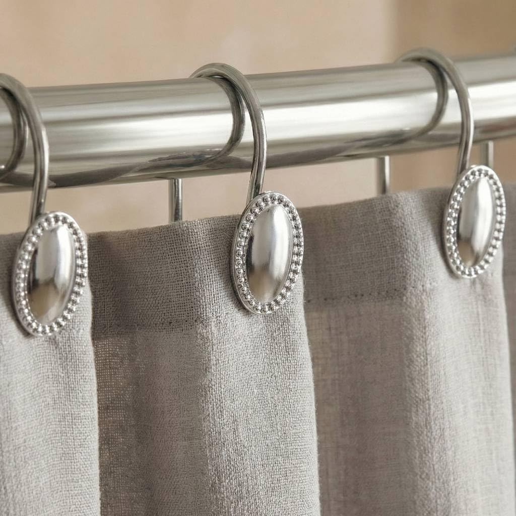 Silberfarbene dekorative Duschvorhanghaken: verchromtes ovales Design, rostfreie, robuste Metall-Duschvorhangringe für Badezimmer – Klassische, Elegante Duschvorhang-Aufhänger für Duschstange – 12