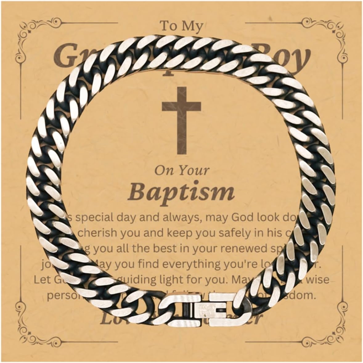 PARN'S Gifts To My Grandpa's Boys Cuban Link Bracelet - May God Look Down On You - Cross Catholic Christian Baptism First Communion Confirmation Christmas Gifts